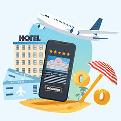A graphic representation of a plane, a hotel, and a booking site.
