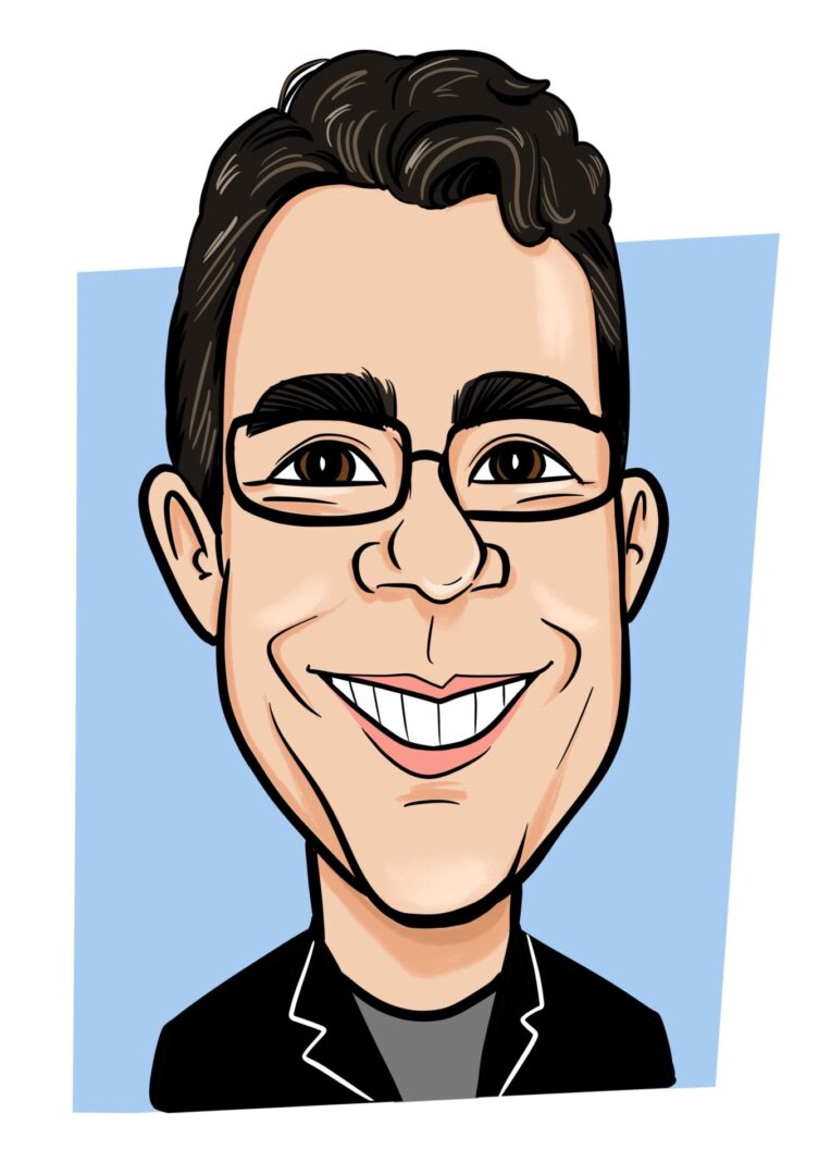 A cartoon of a man with glasses and smiling.